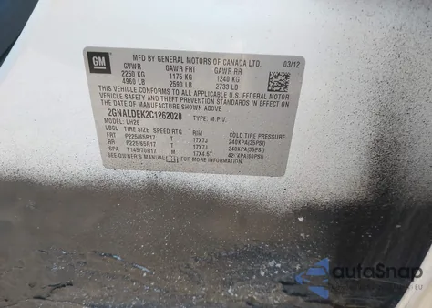 2012 Chevrolet Equinox 1Lt из США, поврежденный, VIN 2GNALDEK2C1262020